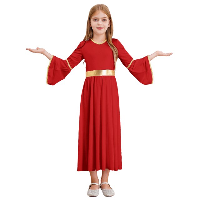 iiniim Robe d'Ange d'Halloween pour Filles à Manches Longues, Bordure Dorée, Déesses de Princesse, Toge, Robe de Fête, Louange, Rouge 8