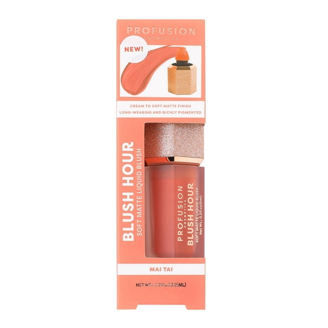 PROFUSION COSMETICS Blush Hour soft matte liquid blush in Mai Tai shade, in coral packaging with glittery rose gold cap, offering a cream to soft matte finish and long-lasting richly pigmented colour, suitable for a natural flush or buildable glow.