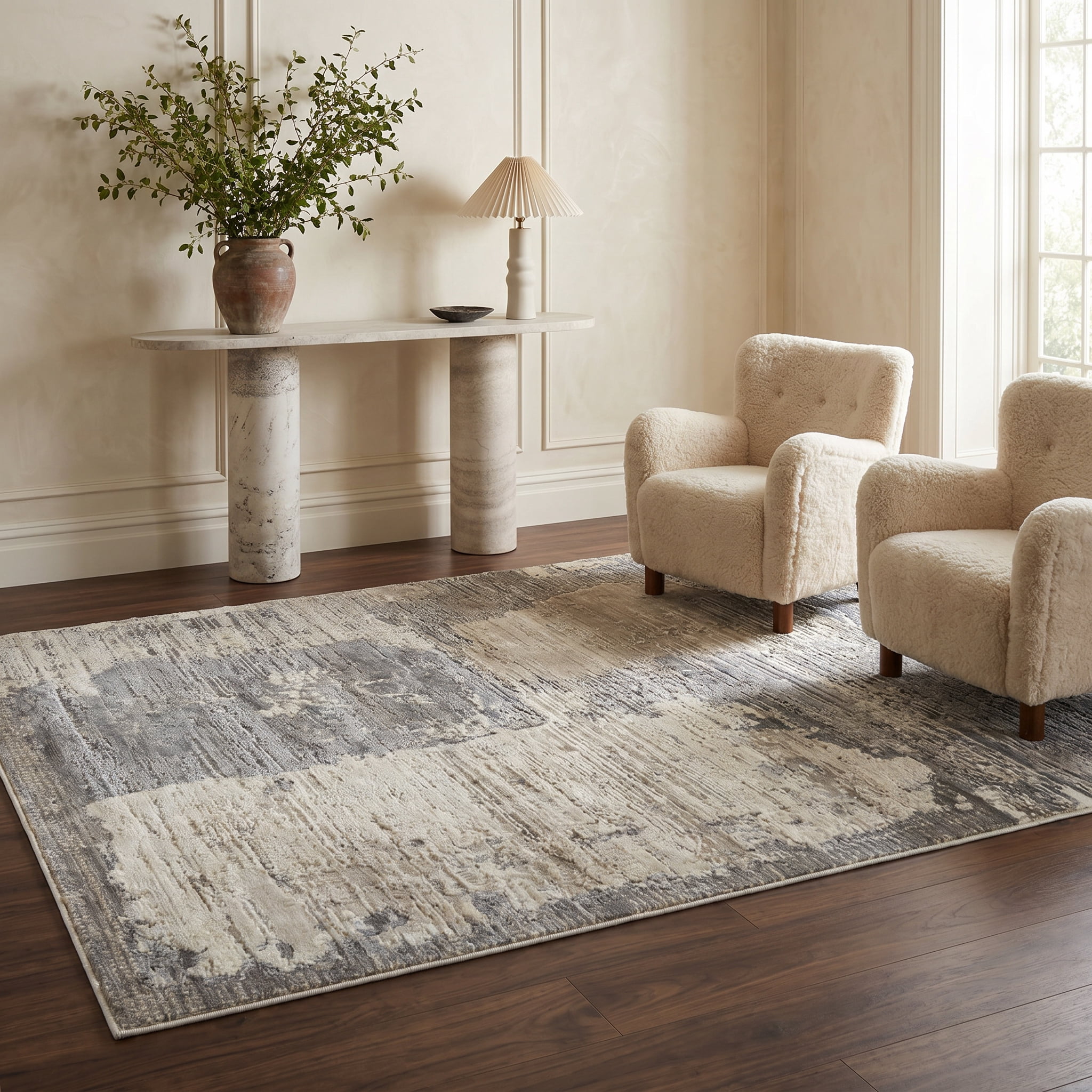 Tapis d'interieur abstrait Rug Branch Nomad, gris creme, moderne - Salon, chambre, salle a manger et cuisine