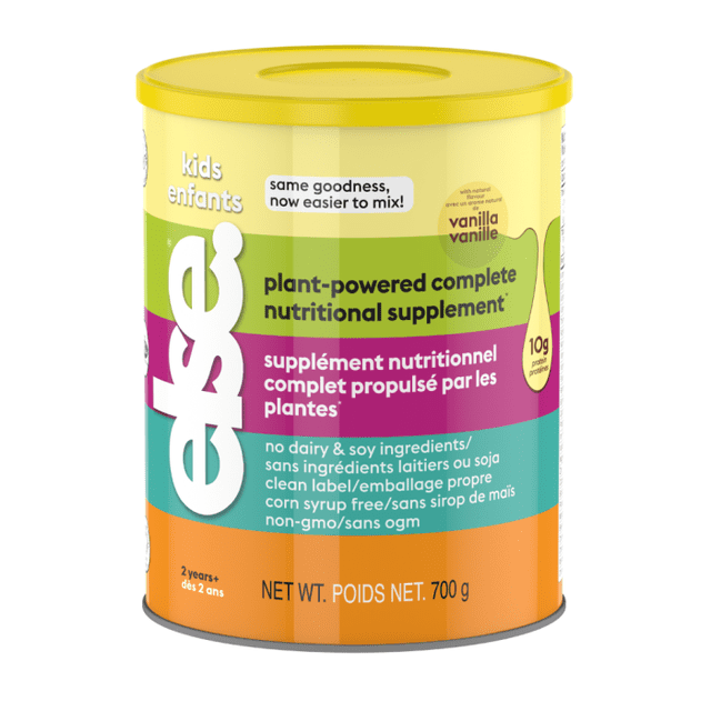 Else Nutrition plant powder complete nutrition supplement for kids, vanilla flavor, 700 g canister with yellow lid, bilingual English and French text highlighting plant-powered ingredients, no dairy or soy, clean label, non-GMO, 10g protein per serving, suitable as a meal replacement or protein shake for active children.