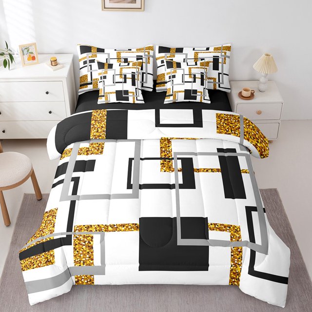 YST Ensemble de Douillette 7 Pcs à Rayures Noires et Blanches Format Double, Ensembles de Literie à Paillettes Jaunes pour Filles Femmes, Lit Moderne en Sac, Ensembles de Lit Géométriques Réversibles avec Ensemble de Draps