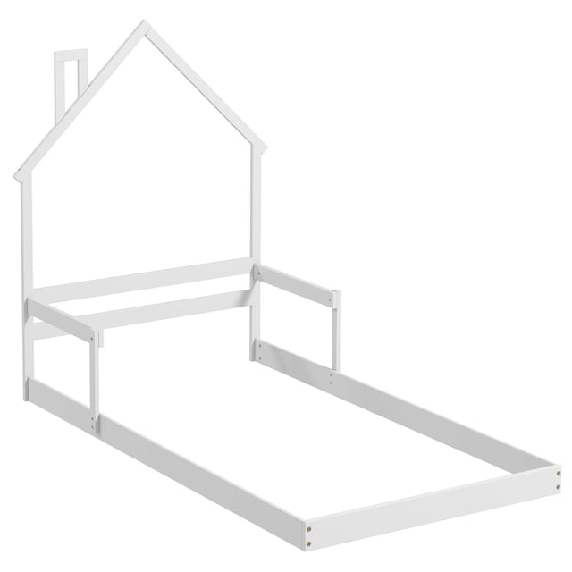 Costway Lit au Sol Format Simple pour Enfants avec Tête de Lit Cheminée et Main Courante en Blanc. Ce Cadre de Lit en Forme de Maison Présente un Charmant design de Cheminée, une construction en Bois Massif et des Mains Courantes Latérales pour la Sécurité. le Cadre Encastré Comprend des Rampes de 4 Pouces pour Garder le Matelas stable et Accueille un Matelas Format Simple jusqu'à 6 Pouces d'Épaisseur. Idéal pour Favoriser l'Indépendance, le Lit Est Facile d'Accès pour les Enfants et Peut Être Décoré de Rubans, de Lumières Ou de photos. Dimensions : 78 Pouces de long,