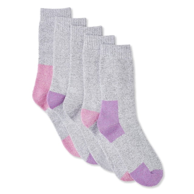 Workload Women's Crew Socks 5-Pack with grey cotton blend crew socks featuring reinforced toes and heels in alternating pink and purple, ribbed stay-up cuffs, and cushioned soles, fitting shoe sizes 4-10, also suitable for casual or light athletic wear.