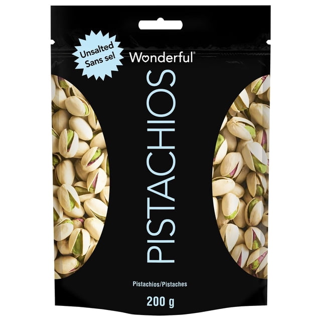 Wonderful Pistachios Roasted No Salt 200 g resealable black pouch with close-up views of unsalted pistachio nuts in partially opened shells on both sides, labeled 'Unsalted Sans sel' in blue starburst, ideal for nut toppings and snacking.