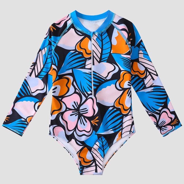 Pisexur Kids Toddler Baby Girl Rash Guard Long Sleeve Ruffle Floral Print Surfing Swimsuit Zipper One Piece Bathing Suit