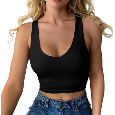 Fgnfyis Crop Top Women's Sexy V Neck Tank Top Sleeveless Summer Tops Slim Fit Sport Crop Tops Corset Top Basic Shirt Camisole Bras for Women Black L