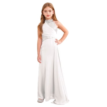 Hansber Kids Girls Sequins Floor Length Formal Dress Pageant Prom Gown Wedding Bridesmaid Flower Girl Long Dress Ivory 12