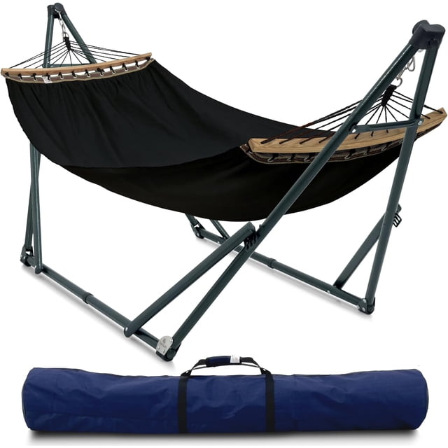 Tranquillo Hamac Universel avec Supports Doté d'Un Cadre en Acier Enduit Électrostatique, d'Un Filet en polyester Noir à 2 Couches et de Barres d'Étalement Courbées en Bois Dur. Comprend un Support Pliable et Ajustable et un Sac de Transport Bleu pour la Portabilité. Parfait pour Deux Personnes, Idéal pour les Meubles de patio, les Sorties de camping Ou la Détente Intérieure.
