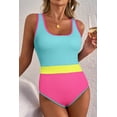 thumbnail image 1 of I AM A FASHION JUNKY Iceland Blue Textured Color Block Patchwork One Piece Swimsuit (IcelandBlue, XL, 97%Polyester+3%Elastane), 1 of 17