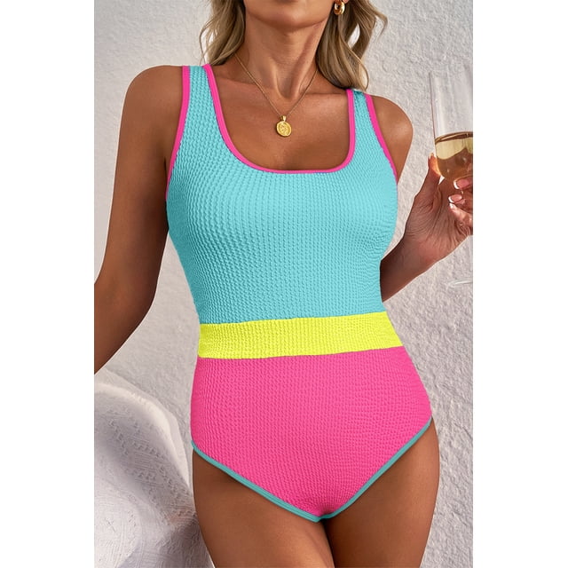 I AM A FASHION JUNKY Iceland Blue Textured Color Block Patchwork One Piece Swimsuit (IcelandBlue, XL, 97%Polyester+3%Elastane)