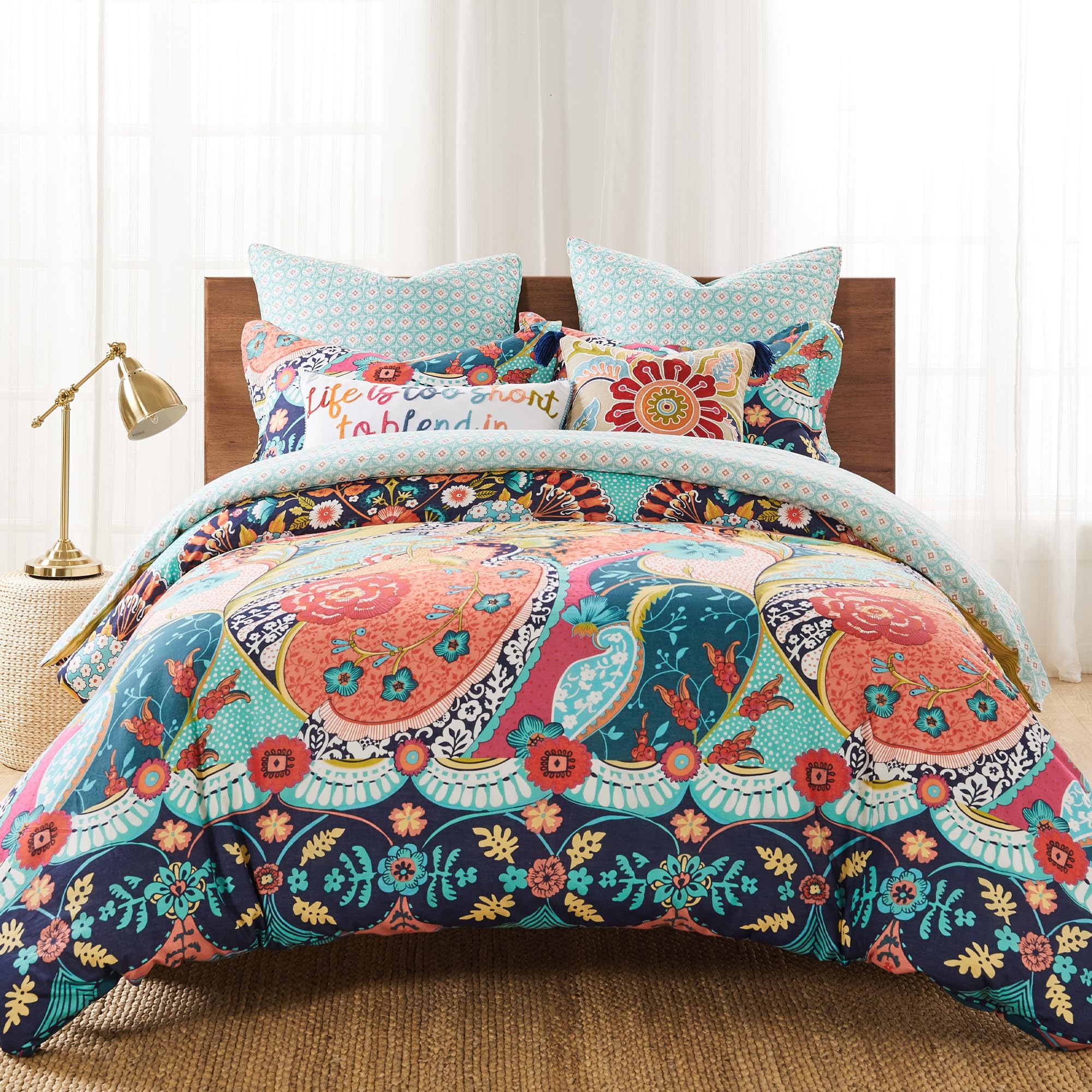 Levtex Home - Jules Duvet Cover Set - Full/Queen Duvet Cover (90 x 94in.) + Two Standard Pillow Cases (26 x 20in.) - Bohemian - Teal Orange Yellow Green Blue Red Navy - Cotton