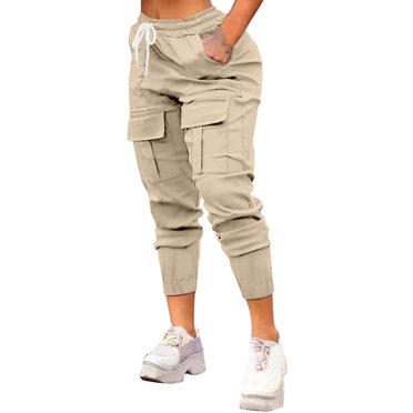 Womens Cargo Capris, Lightweight Athletic Drawstring Elastic Waist Jogger Sweat Pants Cropped Hiking Pants with Pockets Ladies Hiking Shorts Black S
