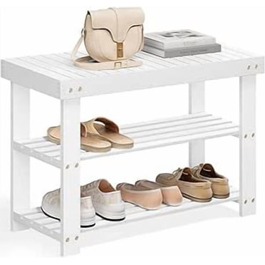 SONGMICS Shoe Rack Bench, 3-Tier Bamboo Shoe Storage Organizer, 11.3 x 27.6 x 17.8 Inches, White