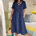 thumbnail image 3 of Cameland Mode Femme Été Décontractée Col en V Uni Manches Courtes Bouton Poche Robe en Coton et Lin, 3 of 9