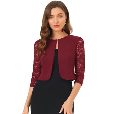 INSPIRE CHIC Boléro en Dentelle Florale d'Halloween pour Femme, Manches 3/4, Ouvert à l'Avant, Cardigan de Travail/bureau, Boléro Formel, TP, Bourgogne
