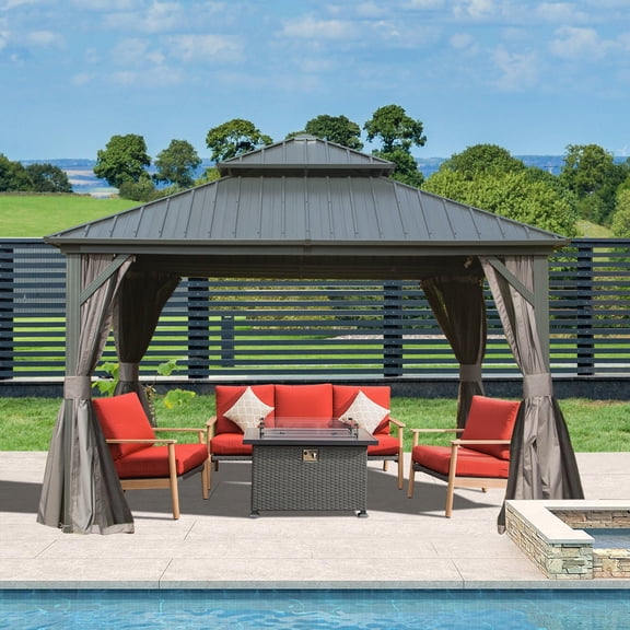 Domi Outdoor 12x12 ft Hardtop Gazebo Canopy Metal with Galvanized Steel Double Roof,Curtain & Netting for Patio Deck Backyard, Gray