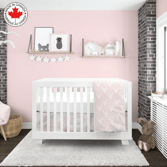 4 Piece Nursery Crib Bedding Set Including Skirt, Mattress Cover, Comforter, and Quilt Cover (Pink and White with Moose Antlers Pattern, by Ara Enfants, #21)