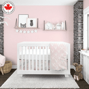 4 Piece Nursery Crib Bedding Set Including Skirt, Mattress Cover, Comforter, and Quilt Cover (Pink and White with Moose Antlers Pattern, by Ara Enfants, #21)