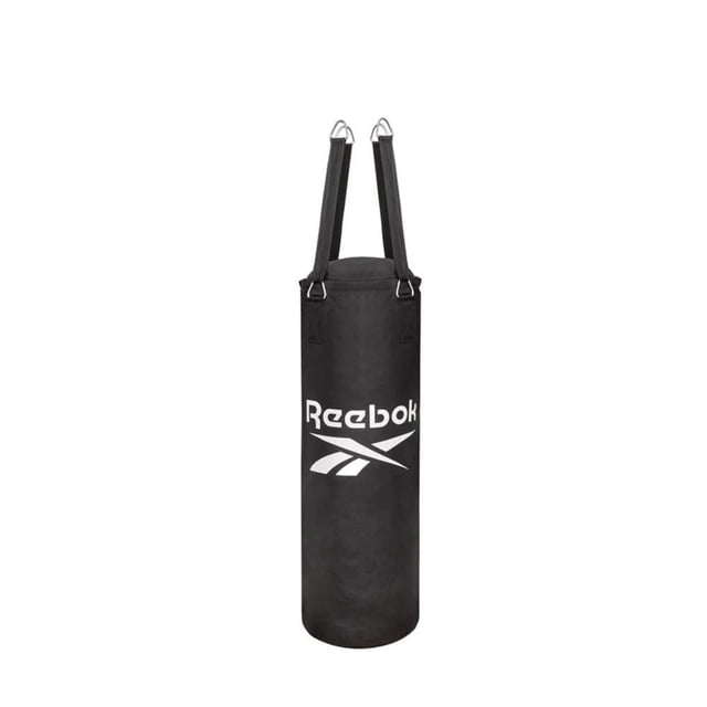 Reebok 3ft Nylon Punchbag in black with white logo, leather-free nylon cover, dense foam padding, weighing 18 kg, secured by four woven straps with steel loops, designed for boxing, kickboxing, and MMA training.