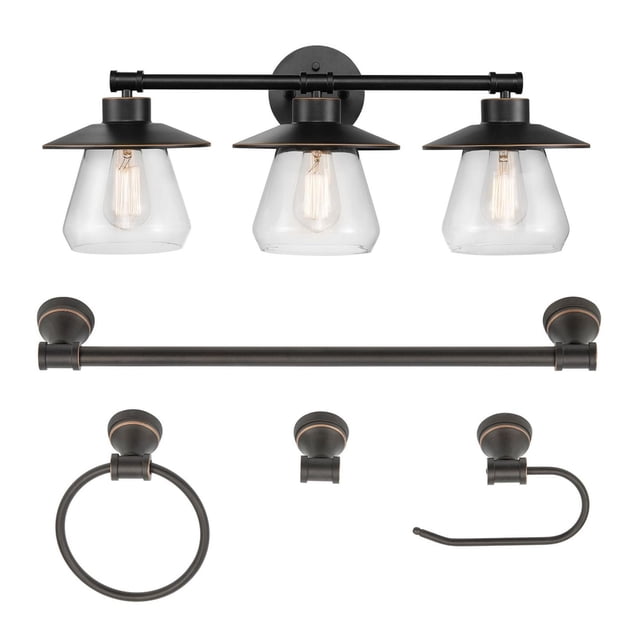 Globe Electric Nate 5-Piece All-In-One Metal Bathroom Set with 3-light vanity fixture featuring clear glass shades and matte black finish, towel bar, towel ring, robe hook, and toilet paper holder, blending modern farmhouse and industrial styles for a cohesive rustic bathroom, also suitable for versatile use throughout the home.