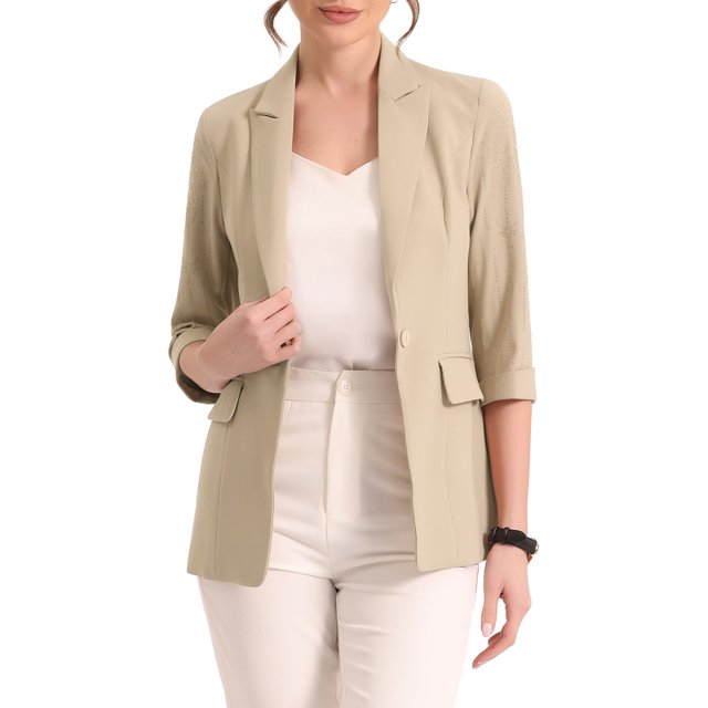 INSPIRE CHIC Blazer Formel pour Femmes Manches 3/4 Col Cranté Épaules Rembourrées un Bouton Strass S Abricot