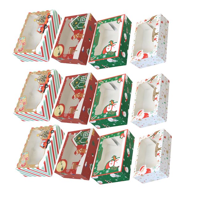 destyer 12pcs Christmas Pattern Packaging Boxes Bakery Cookie Goods Packing Boxes Cupcake Christmas Gift Boxes Colorful Boxes with Window for Christmas Cookies Snack