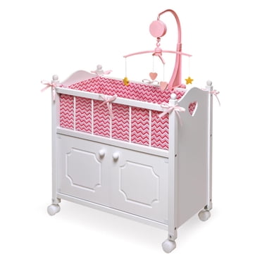 Doll Crib w/Cabinet/Bedding/Mobile-Chevron