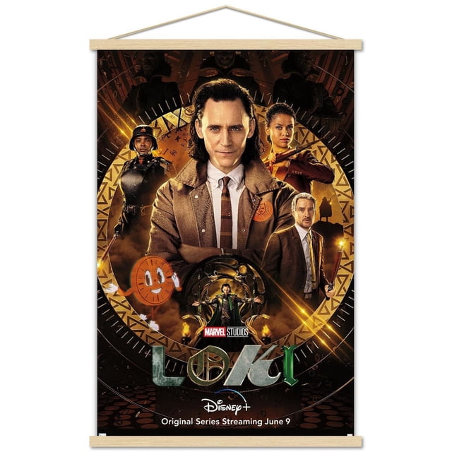 Marvel Loki - Affiche Murale d'Une Feuille, 14,725 Po x 22,375 Po Encadrée Représentant Loki avec une Veste Brune et une Cravate Rayée au Centre, Entourée d'Autres Personnages de la Série avec un Fond Mystique Circulaire Doré, Mettant en Vedette les Studios Marvel et les logos Disney+, Convient à la Déco Murale de la Maison.