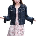 thumbnail image 2 of Veste Décontractée pour Femme, Coupe Ajustée, Perles, à Simple Boutonnage, Veste en Denim, Manteau Court, 2 of 9