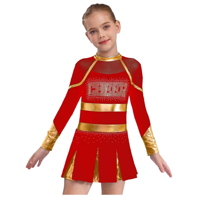 RUNQHUI Filles Enfants Paillettes Manches Longues Robe de Danse Ballet Uniforme d'Équipe Compétition Encouragement Danse Rouge 12