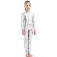 thumbnail image 2 of Girls Shiny Metallic Long Sleeve Unitard Spandex One Piece Wet Look Kid Bodysuit, 2 of 5