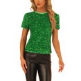 thumbnail image 1 of INSPIRE CHIC Haut en Velours à Paillettes pour Femme Col Rond Manches Courtes Blouse de Soirée Boîte de Nuit TP Vert, 1 of 6