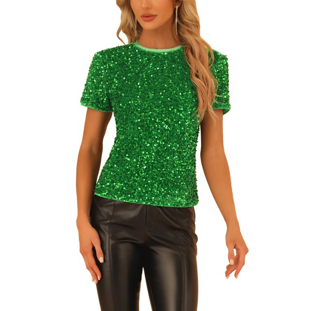 INSPIRE CHIC Haut en Velours à Paillettes pour Femme Col Rond Manches Courtes Blouse de Soirée Boîte de Nuit TP Vert
