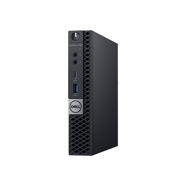 Tour Compacte Noire de Bureau Dell OptiPLex 7060 Intel i5-8500T Remise à Neuf avec Bouton d'Alimentation avant, Prises d'Entrée/sortie audio, ports USB-C et USB 3.0, et logo Dell sur Bordure Argentée, Idéale pour les Besoins Informatiques Professionnels et Personnels.