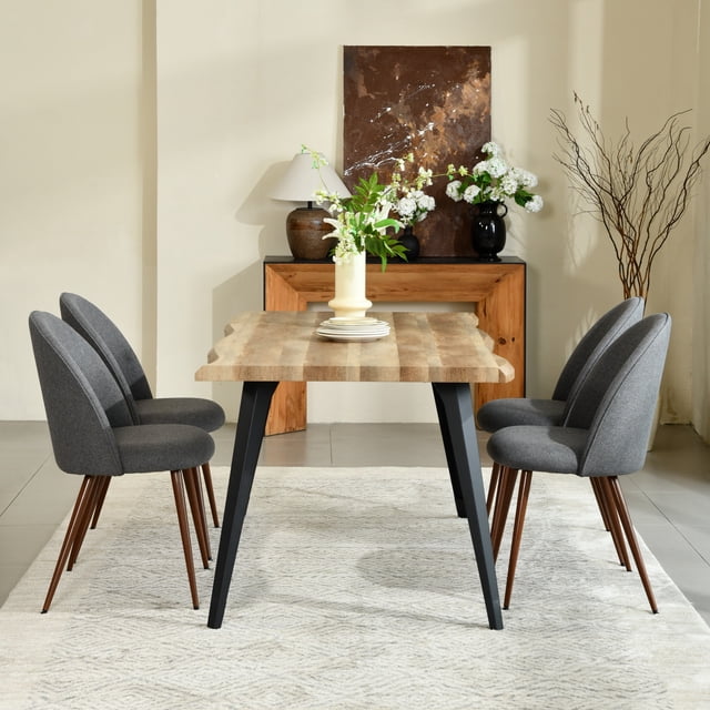 Homy Casa 5-Piece Dining Set with walnut wooden kitchen table featuring a modern wave edge and four upholstered high-back grey fabric dining chairs with wooden legs, placed on a light textured rug in a neutral dining room with a wooden sideboard and decorative vases, ideal for dining or communal areas.