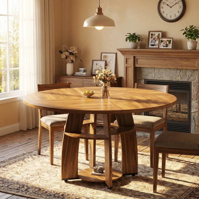Modern Farmhouse 47-Inch Round Walnut Dining Table for 4-6 – Wood, Storage Shelf, Adjustable Leveling Feet, Easy Assembly & Cleaning – Walnut Wood
