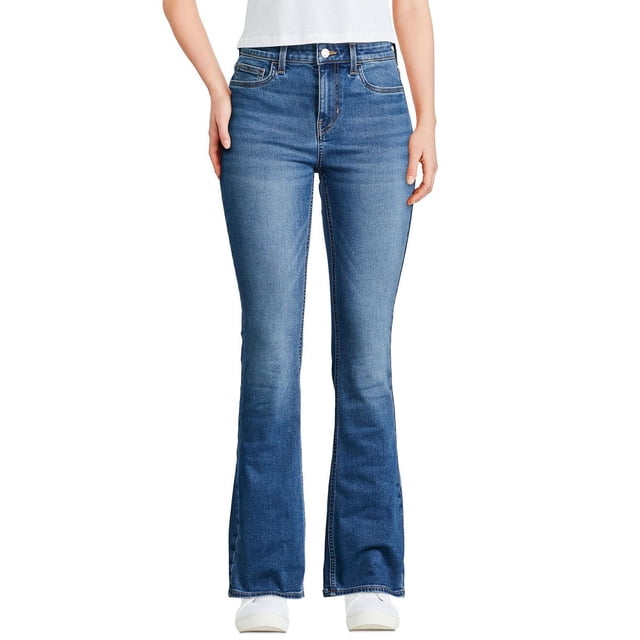 George Women's Boot Leg Jean in blue denim with a slim fit through the hip and thigh, sitting just below the waist. Features belt loops, button and zipper fly closure, and a 5-pocket design. The boot leg silhouette flares from the knee down with stretch fit for comfort, ideal for casual or semi-casual outfits.