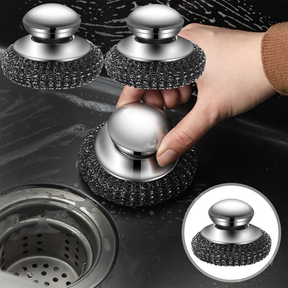 Laveuse en Laine d'Acier Inoxydable avec Poignée Détachable, Tampon en Laine Métallique Amélioré 2024 pour Assiettes Poêles Cuisinières Éviers, Brosse de Nettoyage Robuste Antirouille avec Tête Remplaçable pour Cuisine Salle de Bain