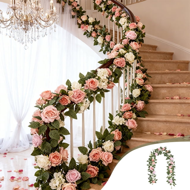 Homekingdee Simulation Rose Leaves Flower Rattan Arch - White Pink Plastic Artificial Vine for Wedding Outdoor Decoration Arrangement