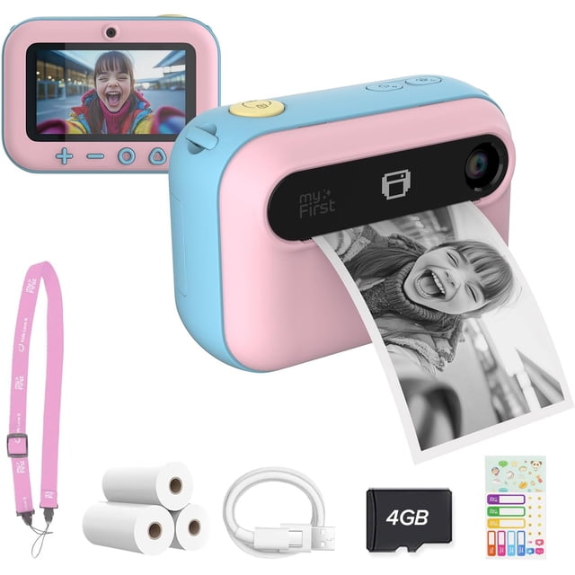 Nouveau myFirst Camera Insta 20 (Coton Candy) Appareil photo Numérique Instantané pour Enfants en Rose pastel et Bleu, Impression d'Une photo en Noir et Blanc à Partir de la Fente avant. Il Présente un Objectif selfie, un Écran Pixel OLED Affichant une photo, et des Boutons de Contrôle Supérieurs. Accessoires Inclus : une Courroie de Cou Rose Ajustable, Trois Rouleaux de Papier Thermique, un Câble de Chargement USB, une Carte MicroSD 4 Go, et des Autocollants photo Colorés pour la Décoration.