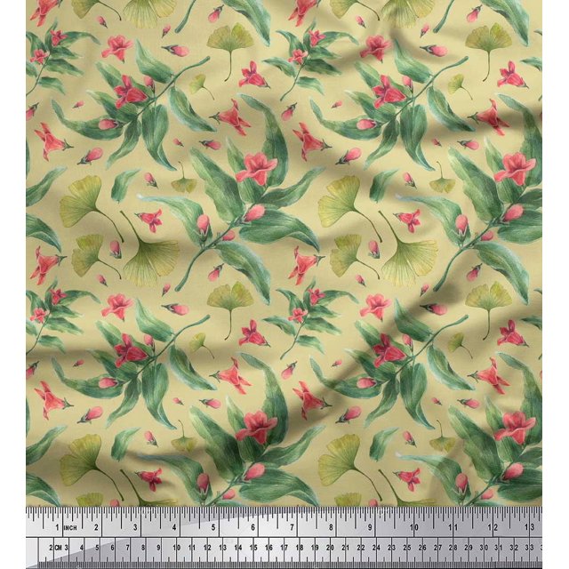 Soimoi Beige polyester Crepe Fabric Leaves & Azalia Floral Print Fabric by Yard 42 Inch Wide