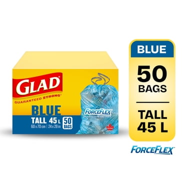 Sacs bleus pour la récupération de Glad, boîte de 50 sacs ForceFlex longs de 45 L à cordon coulissant