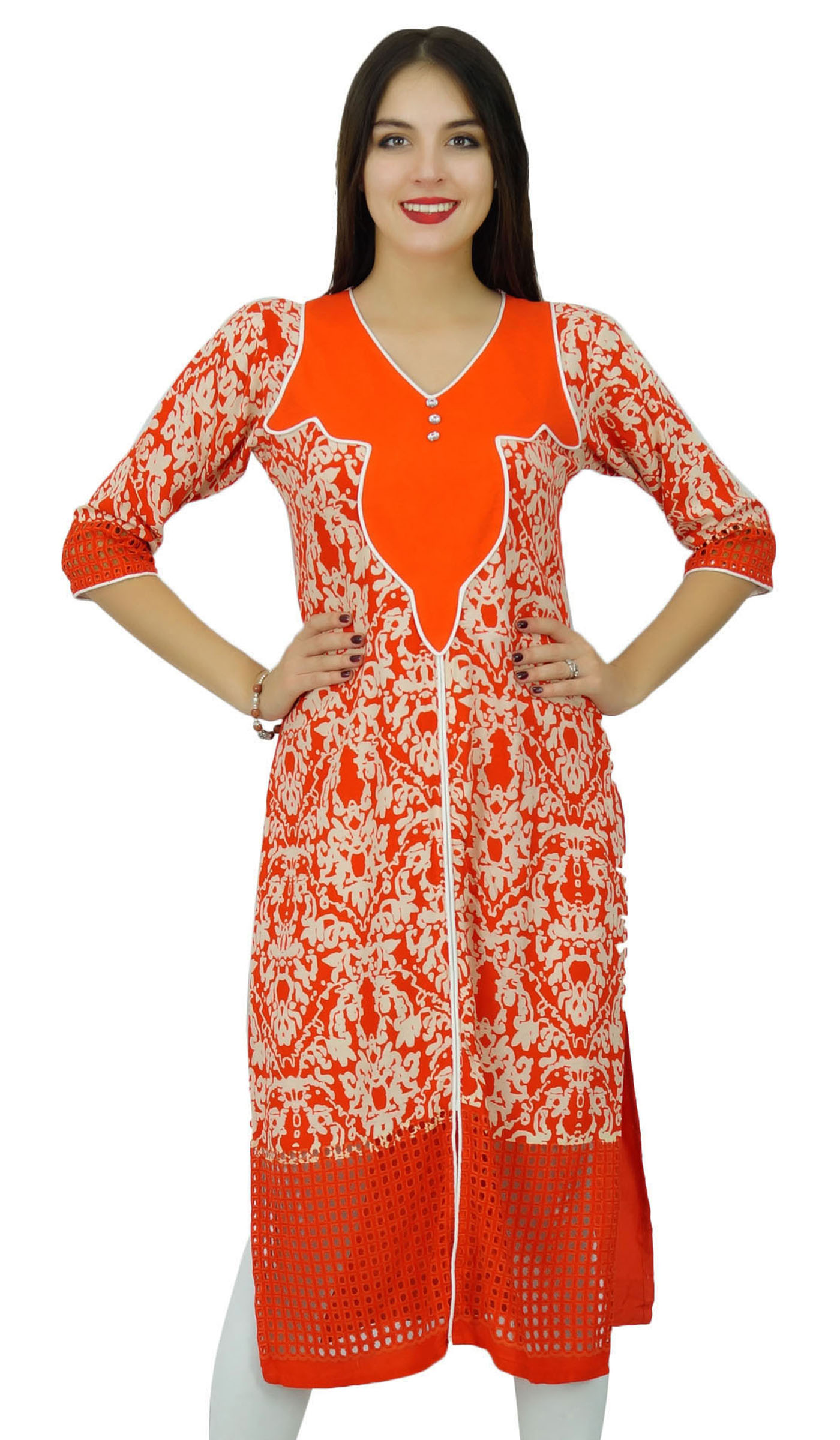 Bimba Kurti en Rayonne Imprimée Orange pour Femmes, Kurta Droite pour Dames, Manches 3/4, Vêtement