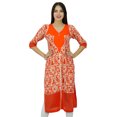 thumbnail image 1 of Bimba Kurti en Rayonne Imprimée Orange pour Femmes, Kurta Droite pour Dames, Manches 3/4, Vêtement, 1 of 7