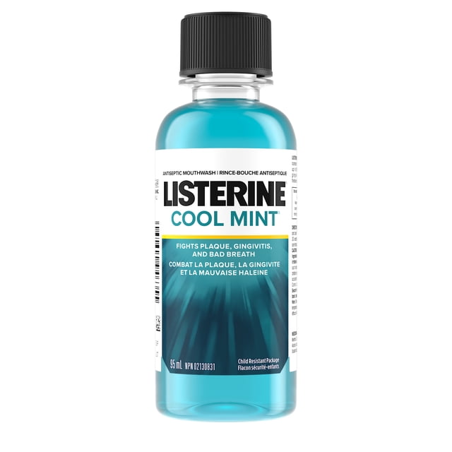 Listerine Cool Mint Antiseptic Mouthwash in a 95mL clear plastic bottle with black child-resistant cap, containing blue liquid. The label highlights its ability to fight plaque, gingivitis, and bad breath with essential oils Menthol, Thymol, and Eucalyptol for 24-hour oral protection, suitable for adults and children 12 years and older.