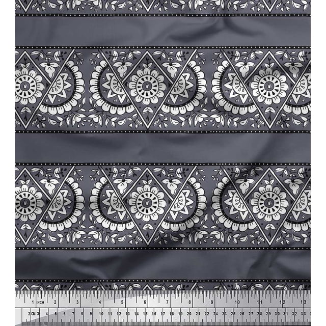 Soimoi Polyester Crepe Fabric Geometric,Leaves & Floral Block Print Sewing Fabric Yard 42 Inch Wide