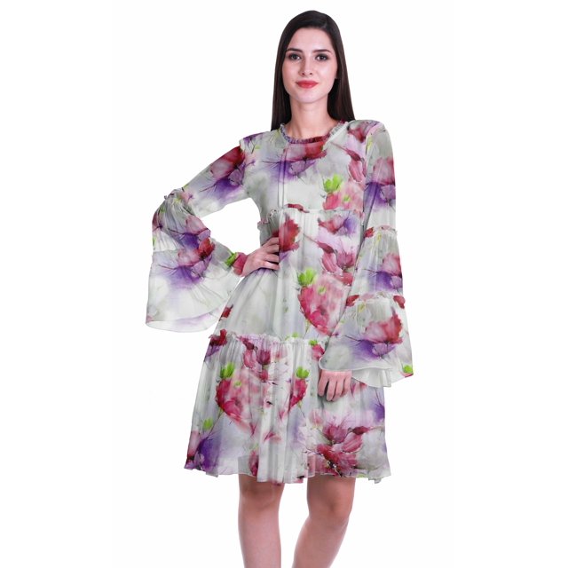 Moomaya Robe d'Été Fluide à Manches Longues Imprimée pour Femmes, Longueur Genou, Évasée