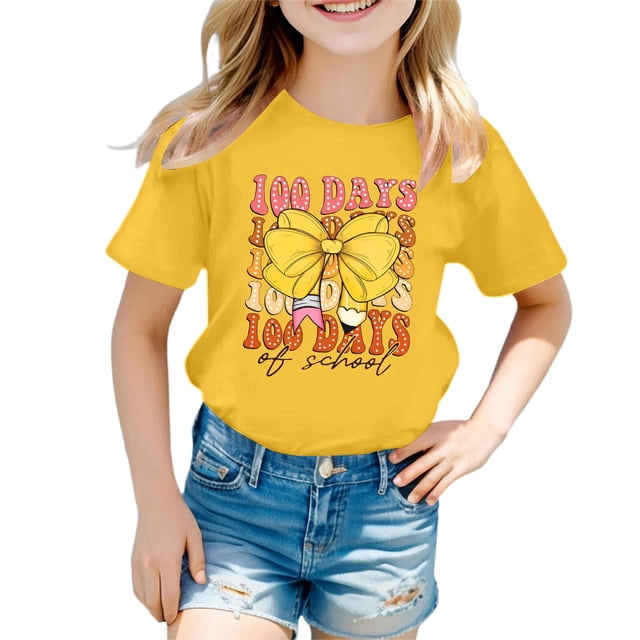 LUOGENLI T-Shirt pour Filles Enfants Mode Décontractée Imprimé Col Rond Ample Manche Courte T-Shirt Haut Maxi Hauts pour Filles Jaune 12-13 Ans