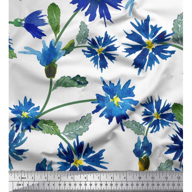 Soimoi polyester Crepe Fabric Leaves & Aster Flower Print Fabric by Yard 52 Inch Wide