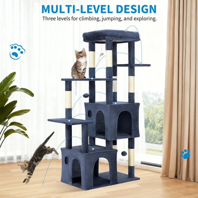 EDTara 61" Cat Tree Tower, Sturdy Modern Multi-Level Cat Furniture for Maine Coons and Large Indoor Cats With Jumbo Perch, 2 Spacious Condos, Durable Sisal Posts, and Hanging Play Balls
